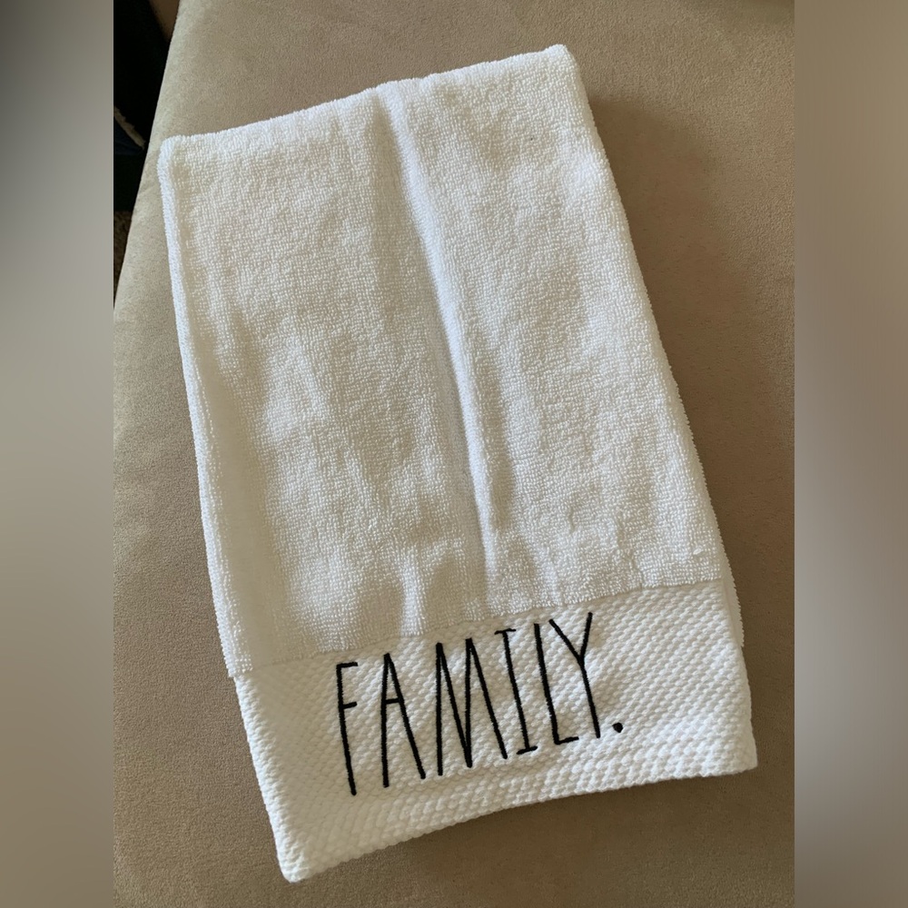 Rae Dunn FAMILY white bathroom hand towel